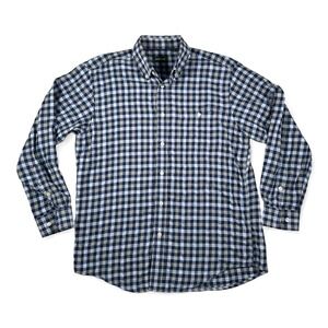Orvis Mens Gingham Button Down Shirt Large Navy Blue Tan Cotton Lyocell